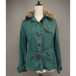 GAP Y2K Vintage Green Military Jacket Size S Faux Fur Collar Belted Utility